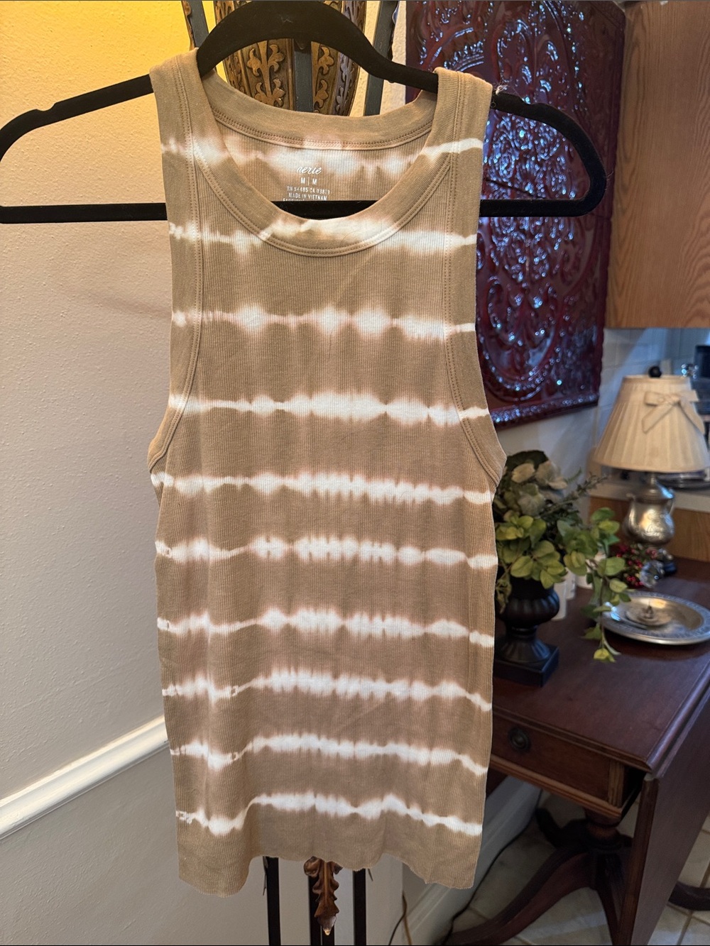 aerie Tie-Dye Ribbed Tank Top in Tan and White